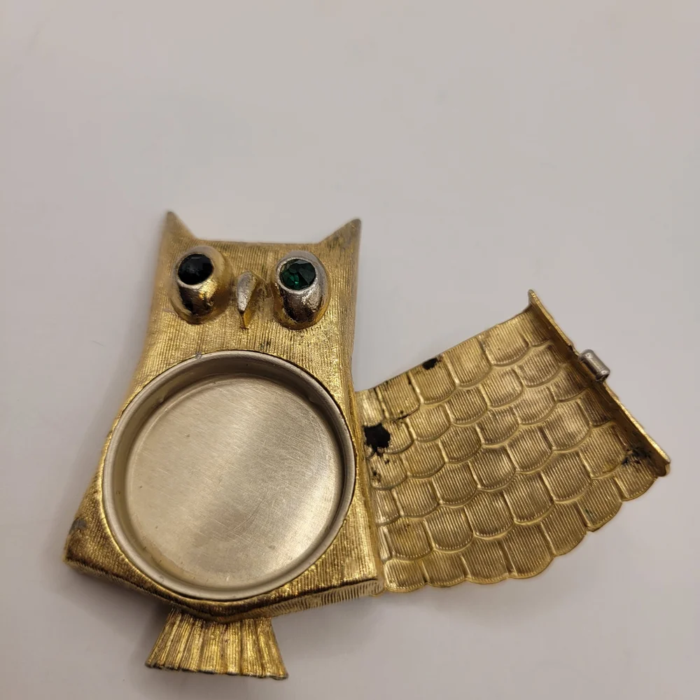 Gold Owl Brooch with Green Eyes